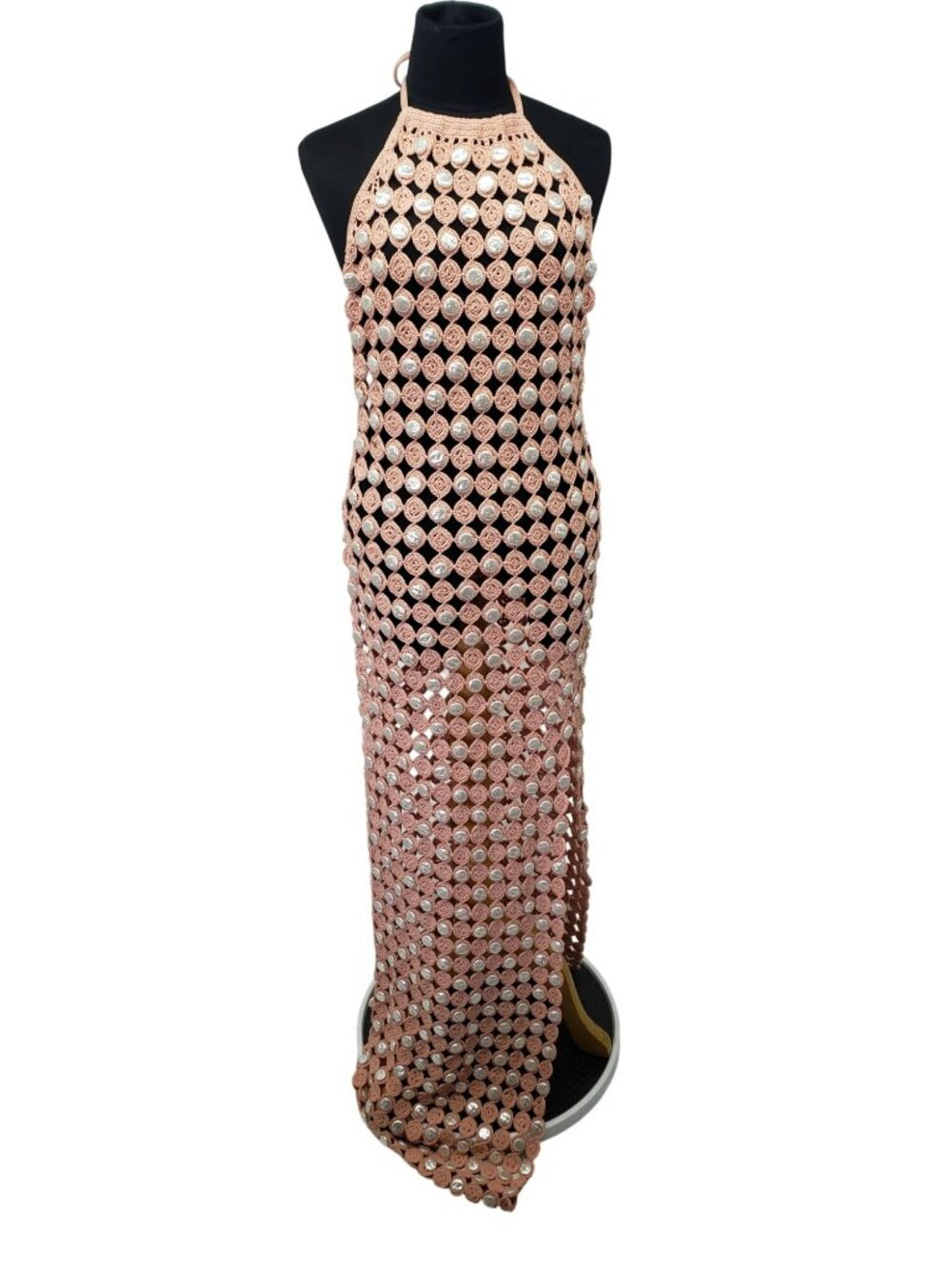Toccin Pink Crochet Faux Mother of Pearl Button Rosette Halter Maxi Dress - Picture 3 of 15